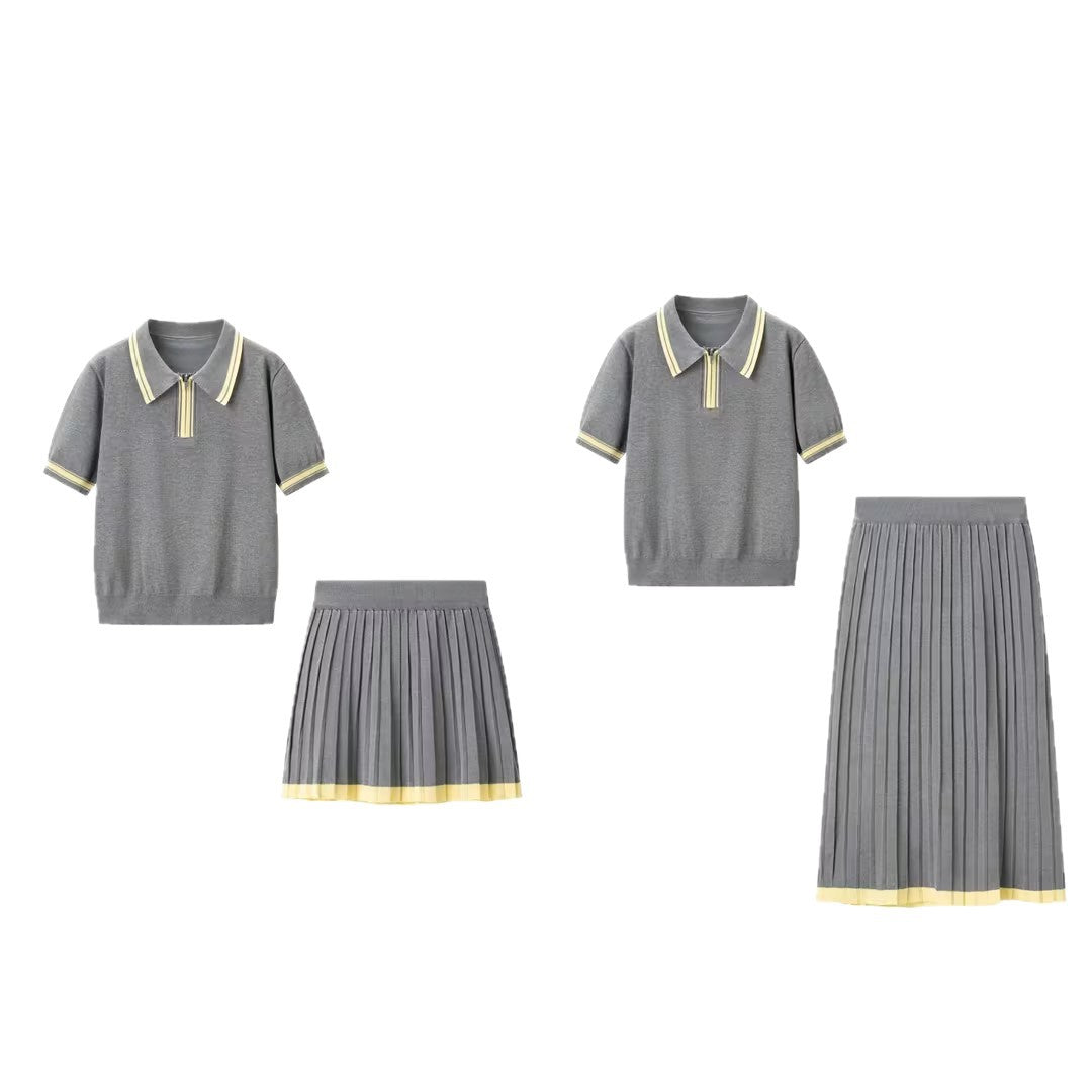 Damen Zweiteiliges Strick-Set mit Poloshirt und plissiertem Midirock Nord Taschen