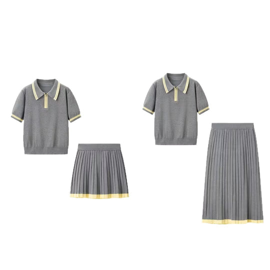 Damen Zweiteiliges Strick-Set mit Poloshirt und plissiertem Midirock Nord Taschen