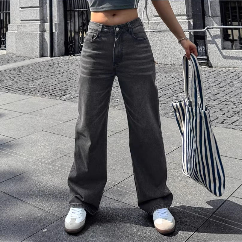 Damen Weite High‑Waist Denim-Hose mit geradem Bein und Vintage-Nähten Nord Taschen