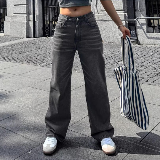 Damen Weite High‑Waist Denim-Hose mit geradem Bein und Vintage-Nähten Nord Taschen