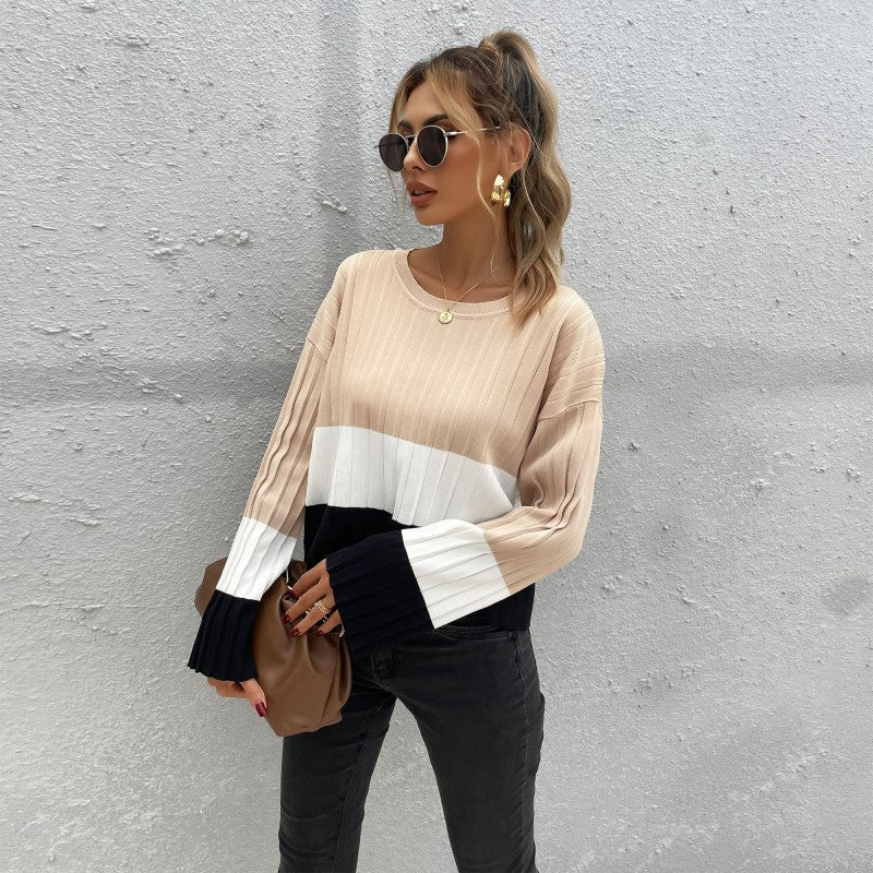Damen Gerippter Colorblock-Pullover mit weitem Ärmelbündchen Nord Taschen