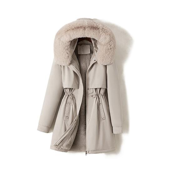 Damen nan moderner Thermoparka im Clean‑Look mit Oversize‑Fellkapuze, innenweichem Teddyfutter und verstellbarer Taille Nord Taschen