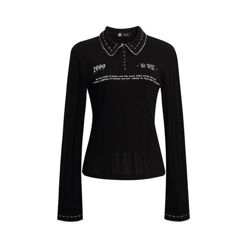 Damen Feines Rippstrick-Poloshirt mit Spitzkragen, Knopfleiste und Zierstickerei Nord Taschen