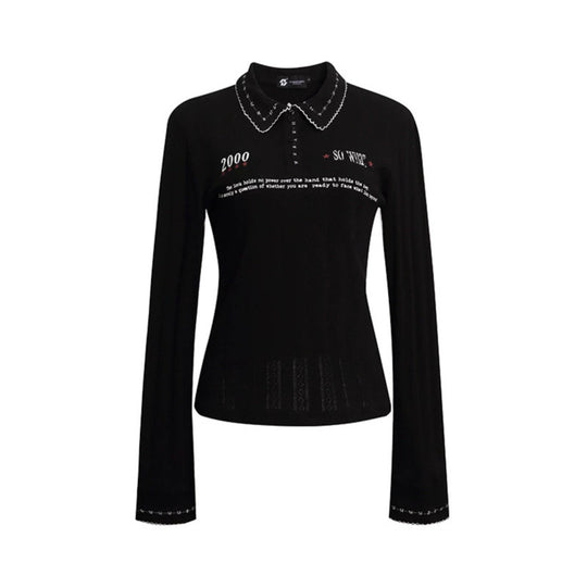 Damen Feines Rippstrick-Poloshirt mit Spitzkragen, Knopfleiste und Zierstickerei Nord Taschen