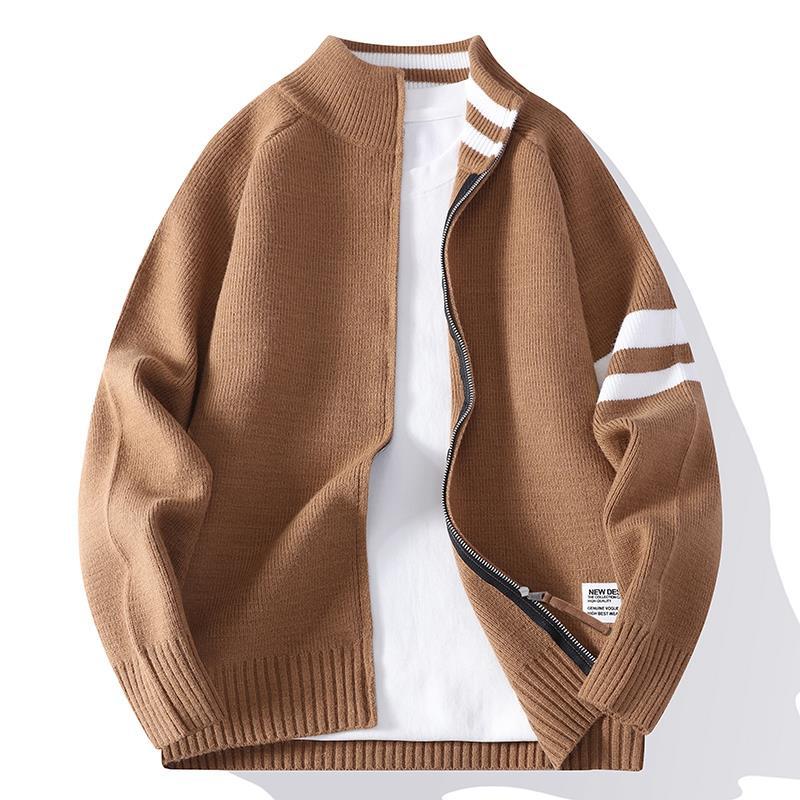 Herren gestrickte Zip-Cardigan im College-Stil mit gestreiftem Ärmelband und geripptem Stehkragen Nord Taschen