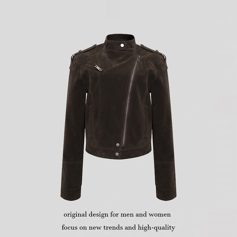 Damen Kurze Veloursleder-Bikerjacke mit asymmetrischem Reißverschluss und Stehkragen Nord Taschen