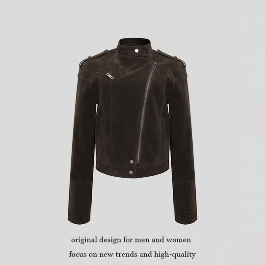 Damen Kurze Veloursleder-Bikerjacke mit asymmetrischem Reißverschluss und Stehkragen Nord Taschen