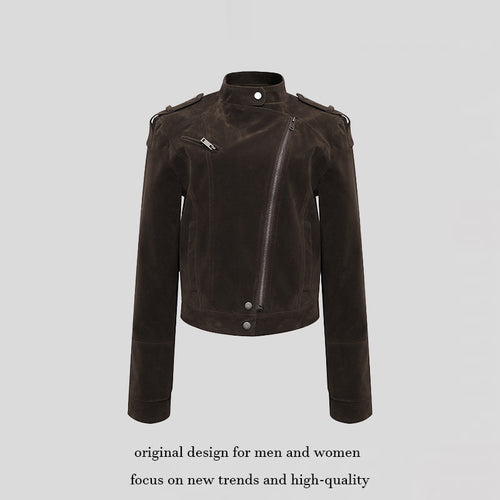 Damen Kurze Veloursleder-Bikerjacke mit asymmetrischem Reißverschluss und Stehkragen Nord Taschen