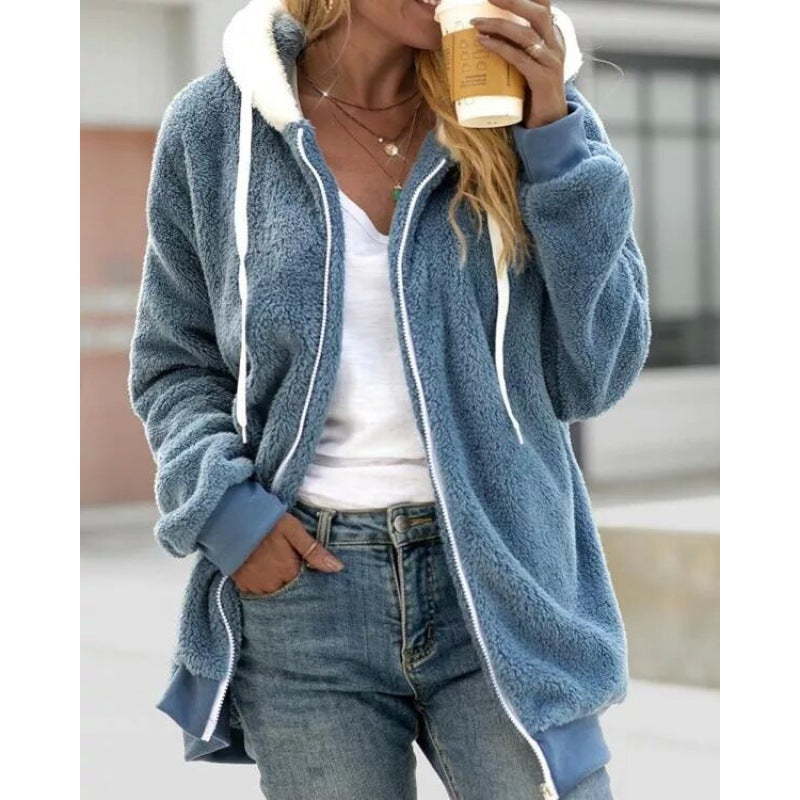 Damen Oversized Sherpa-Zipjacke mit Kontrastkragen, Rippbündchen und Kordelzug Nord Taschen