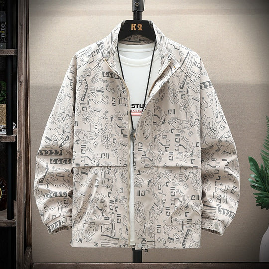 Herren leichte Overshirt-Utility-Jacke mit Allover-Print, Stehkragen & verdecktem Reißverschluss Nord Taschen