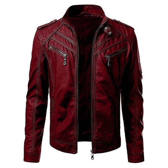 Herren Kunstleder-Bikerjacke mit Stehkragen, Ziernähten und Reißverschlusstaschen Nord Taschen