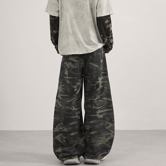 Herren Weite Camouflage-Baggy-Hose mit niedriger Bundlinie und Knie-Patchtaschen Nord Taschen