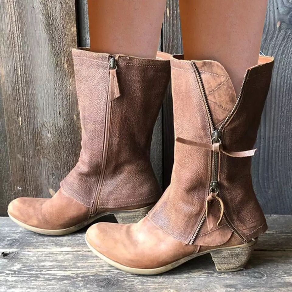 Damen Wadenhohe Western‑Stiefel aus Veloursimitat mit dekorativen Reißverschlüssen und niedrigem Blockabsatz Nord Taschen