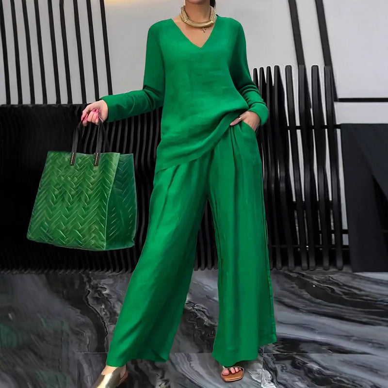 Damen Feiner V-Ausschnitt Strickpullover mit fließender Palazzo-Hose Nord Taschen
