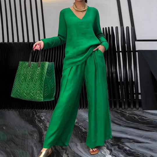 Damen Feiner V-Ausschnitt Strickpullover mit fließender Palazzo-Hose Nord Taschen
