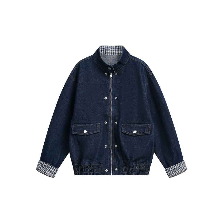 Unisex Boxy-Jeansblousonjacke mit Karo-Futter, Stehkragen und Pattentaschen Nord Taschen