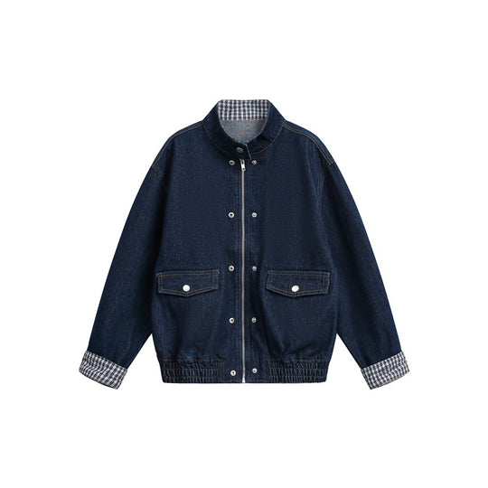 Unisex Boxy-Jeansblousonjacke mit Karo-Futter, Stehkragen und Pattentaschen Nord Taschen