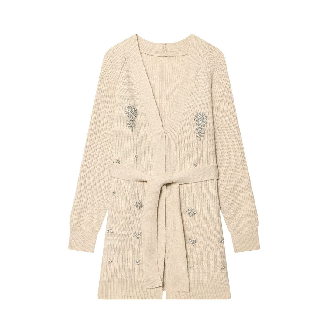 Damen Longcardigan mit Bindegürtel und Schmuckstein‑Applikation Nord Taschen