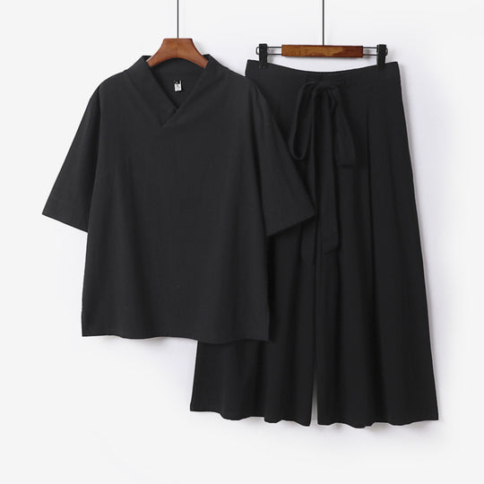 Damen Weites Kimono-Loungewear-Set mit V-Ausschnitt und Culotte-Hose Nord Taschen