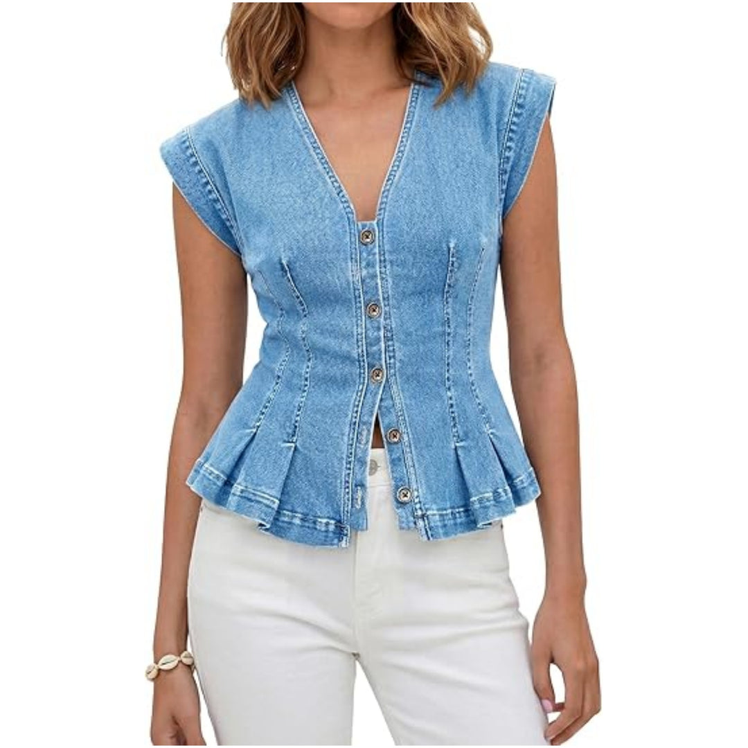 Damen Tailliertes Jeans-Top mit Schößchen und Knopfleiste Nord Taschen