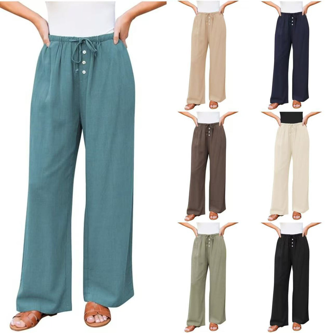 Damen Leinenoptik-Hose mit weitem Bein, Gummizug-Taille, Tunnelzug und Knopfdetail Nord Taschen