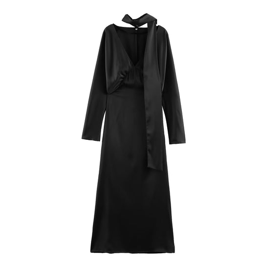 Damen Midikleid aus Satin mit tiefem V-Ausschnitt, langen Ärmeln und Schalkragen Nord Taschen