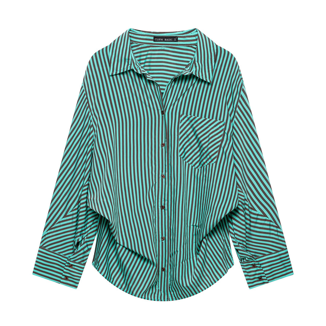 Damen Gestreifte Oversize-Hemdbluse mit Brusttasche und weiten Manschetten Nord Taschen
