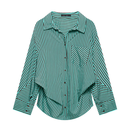 Damen Gestreifte Oversize-Hemdbluse mit Brusttasche und weiten Manschetten Nord Taschen