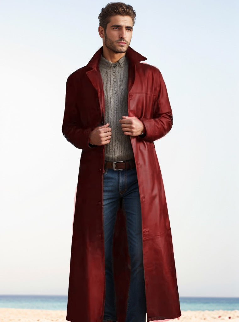 Herren Langer Ledermantel im Trench-Stil mit schmaler Silhouette und Stehkragen Nord Taschen