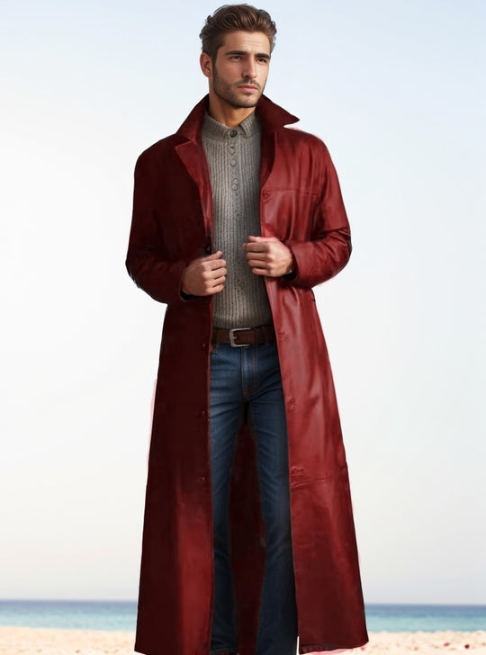 Herren Langer Ledermantel im Trench-Stil mit schmaler Silhouette und Stehkragen Nord Taschen