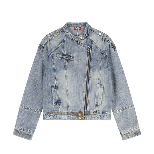 Damen asymmetrische Jeansjacke im Bikerstil mit Stehkragen und diagonalem Reißverschluss Nord Taschen