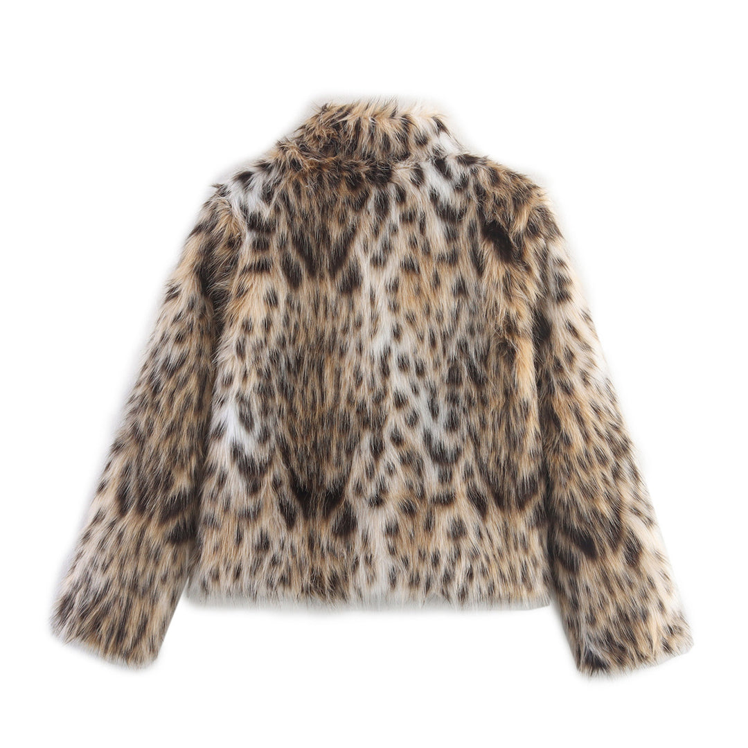 Damen Kurzjacke aus Kunstfell im Leopardenmuster mit Boxy‑Schnitt und Stehkragen Nord Taschen