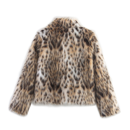 Damen Kurzjacke aus Kunstfell im Leopardenmuster mit Boxy‑Schnitt und Stehkragen Nord Taschen