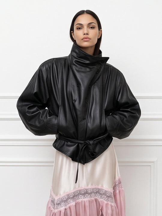 Damen Oversize-Kunstleder-Bomberjacke mit hohem Stehkragen und Taillengürtel Nord Taschen