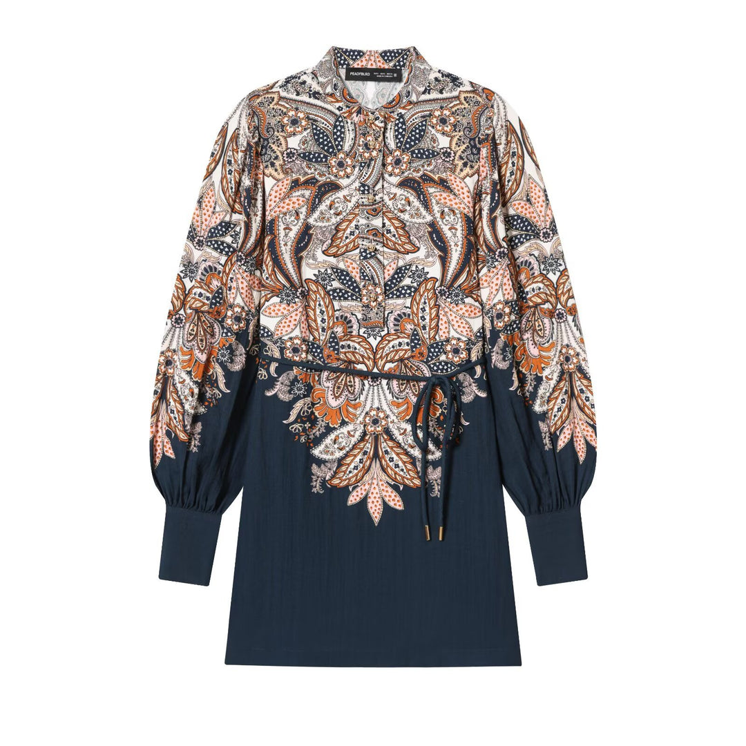 Damen Boho-Tunika‑Midikleid mit Paisley‑Print, Ballonärmeln und Tunnelzug Nord Taschen