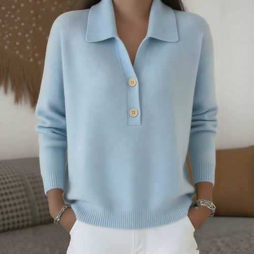 Damen lässiger Feinstrickpullover mit Polokragen und Zwei-Knopf-Leiste Nord Taschen