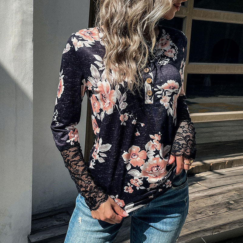 Damen Henley-Top mit Rosenprint, Spitzenmanschetten und Zierknopfleiste Nord Taschen