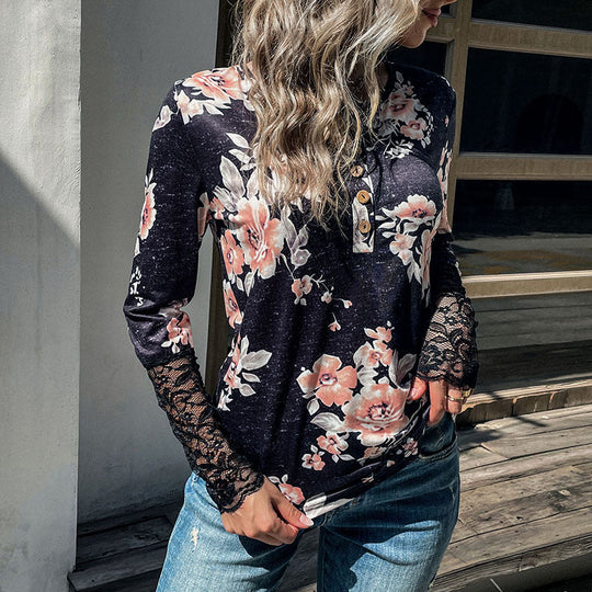 Damen Henley-Top mit Rosenprint, Spitzenmanschetten und Zierknopfleiste Nord Taschen