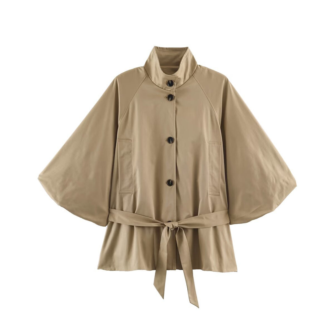Damen Kurzes Cape‑Trench mit weitem Fledermausärmel, Stehkragen und Taillengürtel Nord Taschen