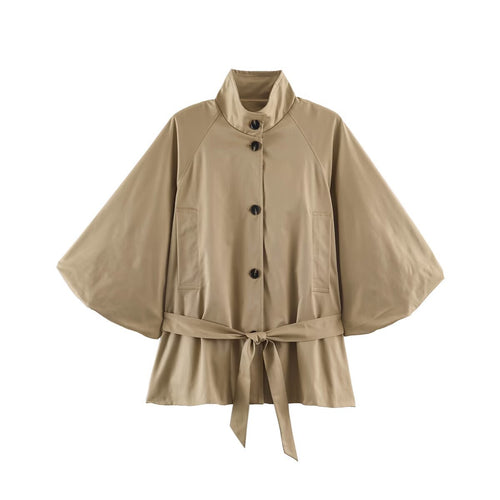 Damen Kurzes Cape‑Trench mit weitem Fledermausärmel, Stehkragen und Taillengürtel Nord Taschen