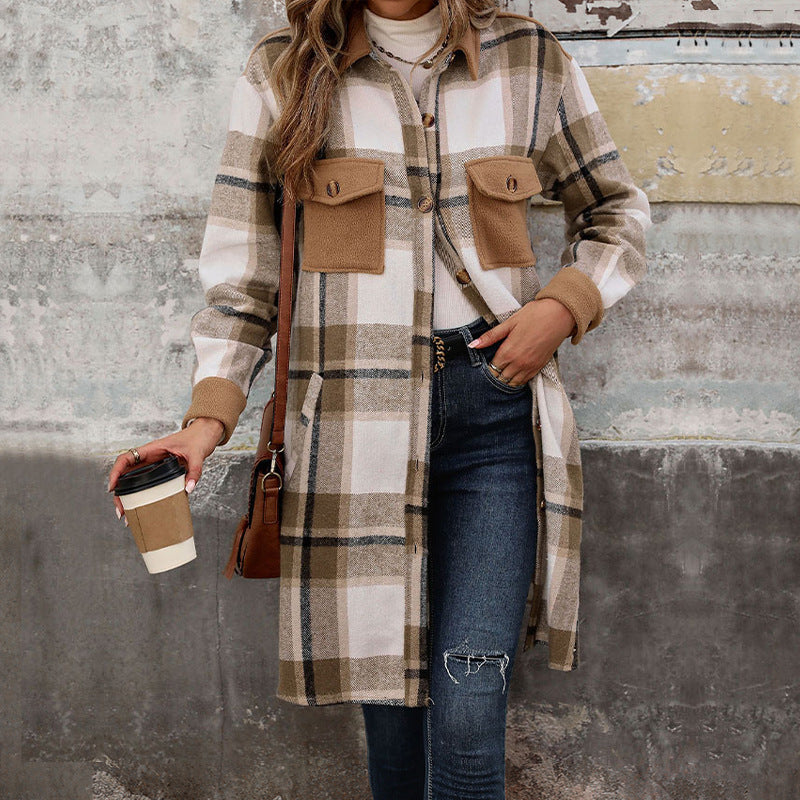 Damen Lange Überwurfjacke im karierten Flanell‑Look mit aufgesetzten Pattentaschen Nord Taschen