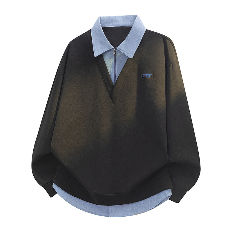 Unisex Lagenlook Sweatshirt mit Hemdkragen und V-Ausschnitt Nord Taschen