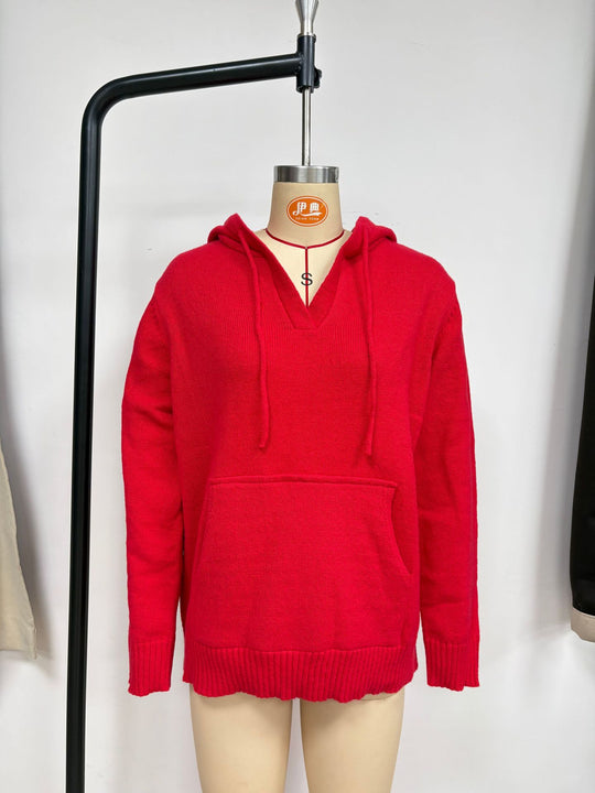 Damen Feinstrick Kapuzenpullover mit V-Ausschnitt und Kängurutasche Nord Taschen
