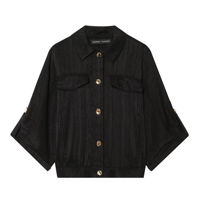 Damen kastige Overshirt-Jacke taillenkurz mit 3/4-Ärmeln und goldknöpfen Nord Taschen