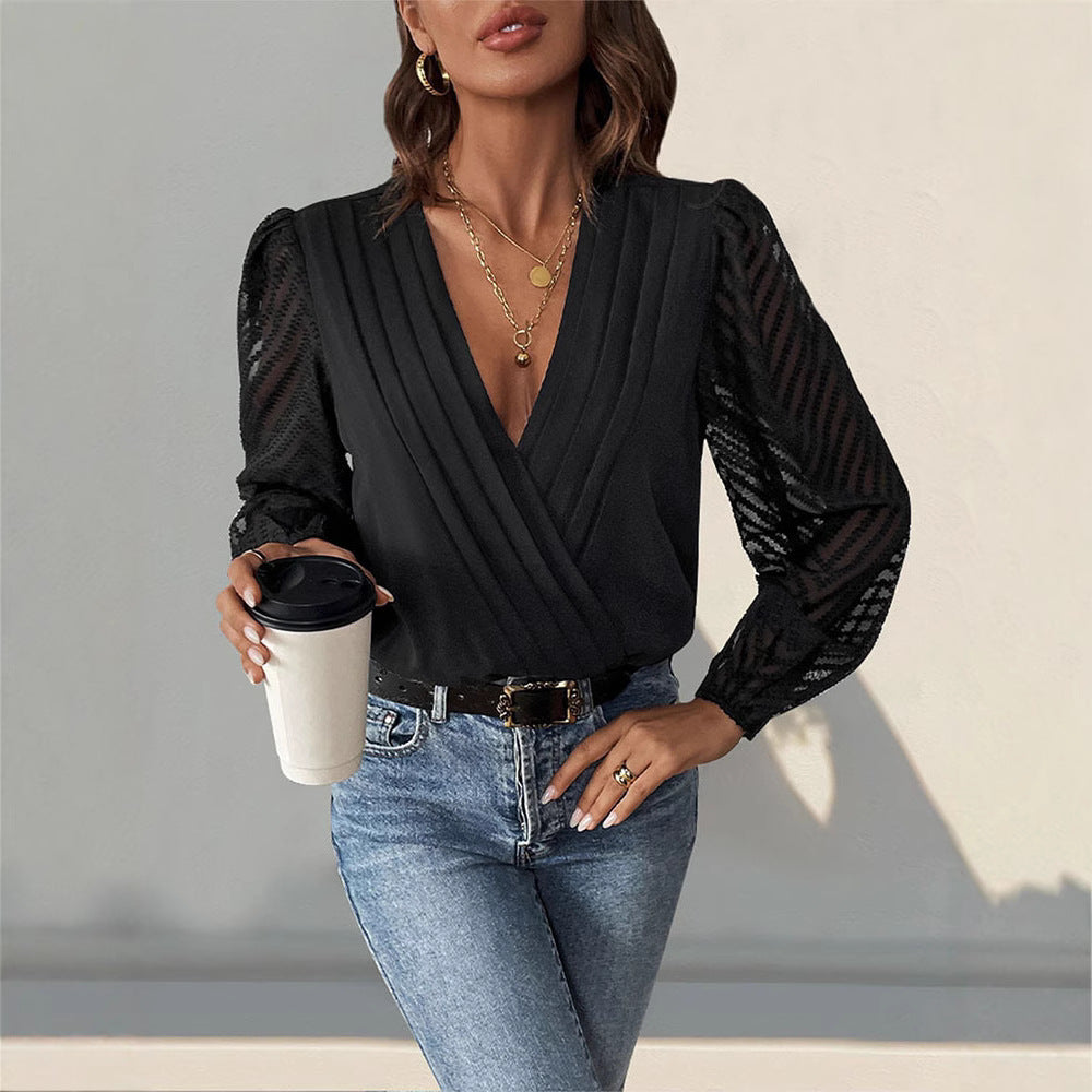 Damen Elegante Wickelbluse mit plissiertem V-Ausschnitt und transparenten Chevron-Ärmeln Nord Taschen