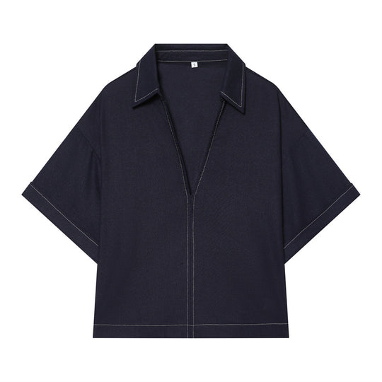 Damen Boxy‑Hemdbluse mit offenem V‑Ausschnitt, kurzem Oversize‑Arm und Kontrastnaht Nord Taschen