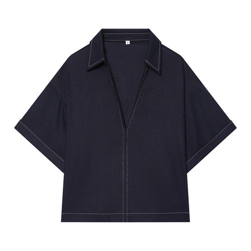 Damen Boxy‑Hemdbluse mit offenem V‑Ausschnitt, kurzem Oversize‑Arm und Kontrastnaht Nord Taschen