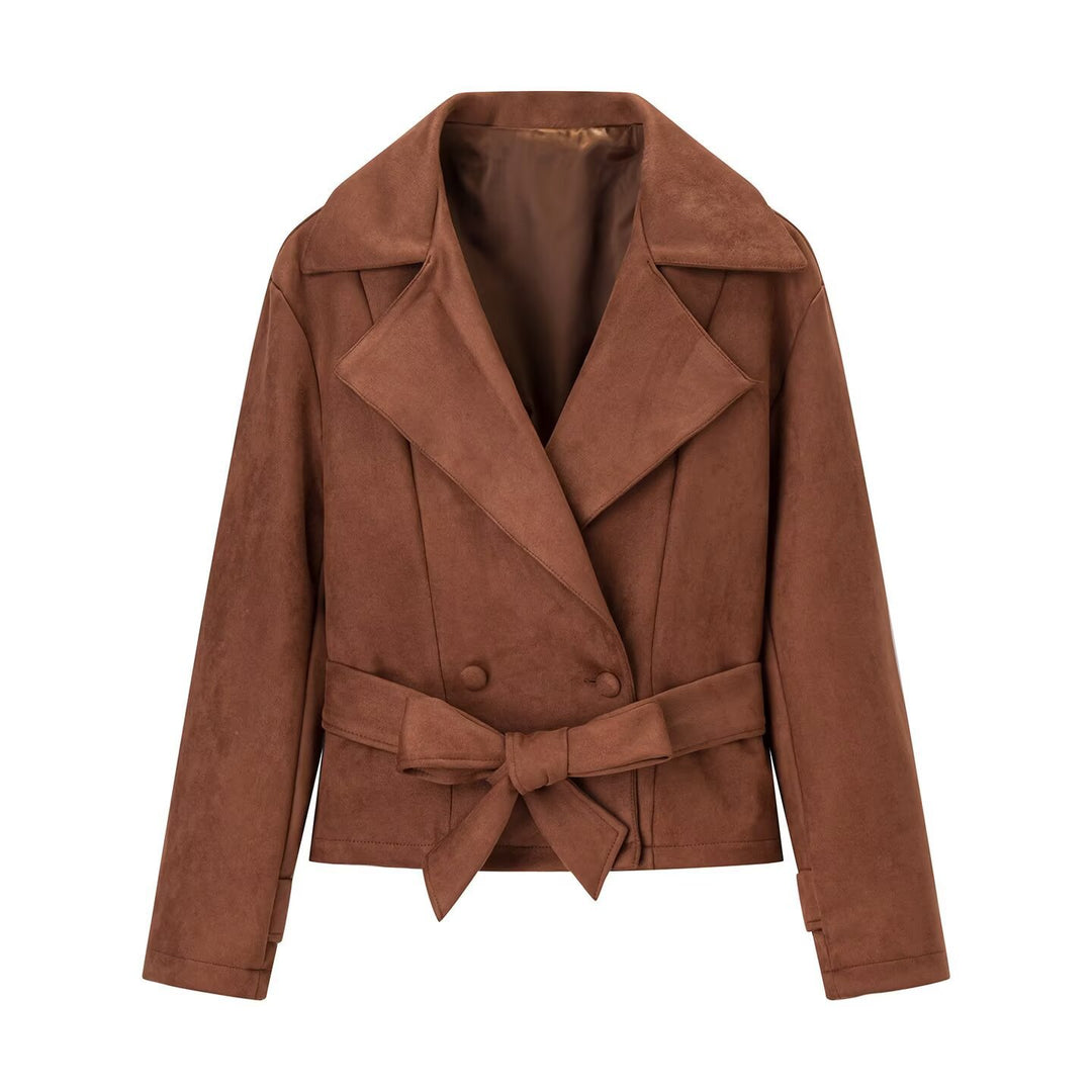 Damen Kurzjacke im Veloursleder‑Look mit Taillengürtel und großem Revers Nord Taschen