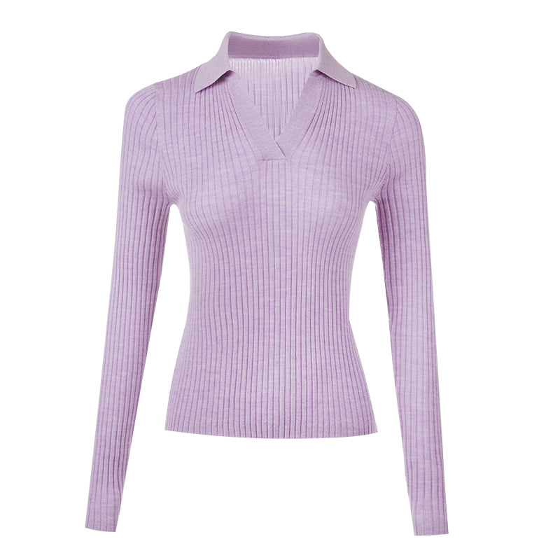 Damen figurnaher gerippter Feinstrickpullover mit V‑Ausschnitt und Polokragen Nord Taschen