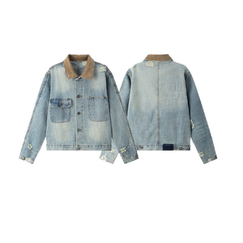 Unisex Boxy-Denimjacke im Worker‑Look mit Cordkragen, Used‑Effekt und großen Brusttaschen Nord Taschen